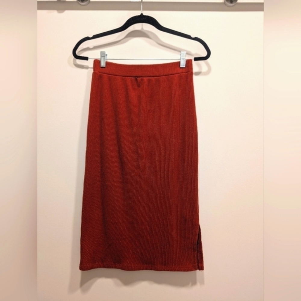 Deep Orange Fall Winter Ribbed Knit High Waisted Midi Skirt Size XS